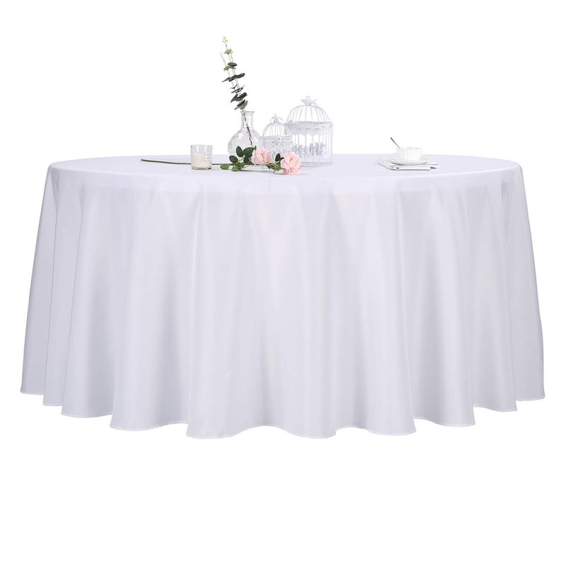 Ascoza 2 Pack 132 Inch White Round Tablecloth in Polyester Fabric for Wedding/Banquet/Restaurant/Parties - Image 1
